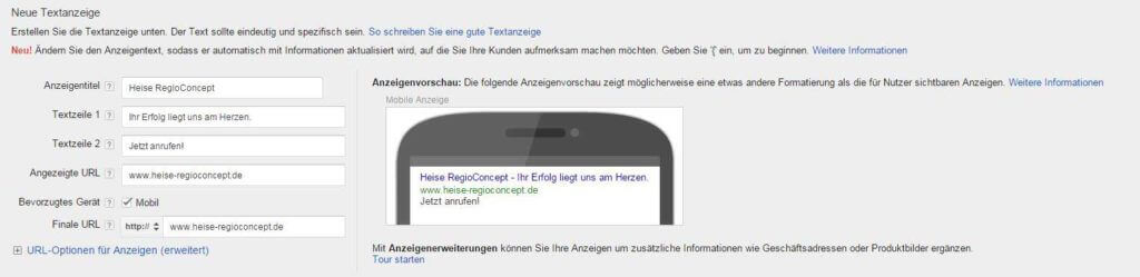 Aktivieren Sie das Häkchen bei "Mobil", um Google mitzuteilen, dass diese Anzeige bevorzugt auf Smartphones geschaltet werden soll.