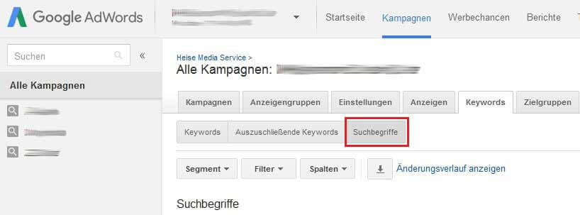 Suchanfragebericht Screenshot