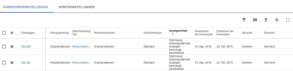 Anzeigenrotation bei den Anzeigenvorschlägen, Screenshot Google AdWords