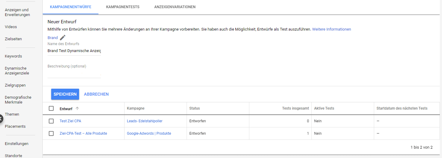 Screenshot Google Ads Kampagnenentwurf
