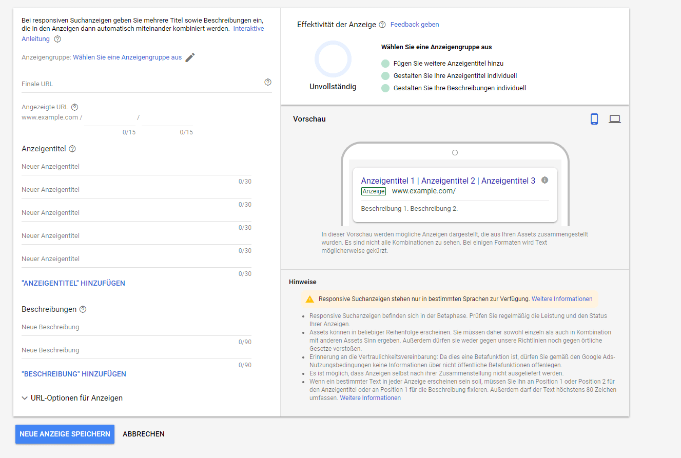 Gestaltung von Responsive Search Ads in Google Ads