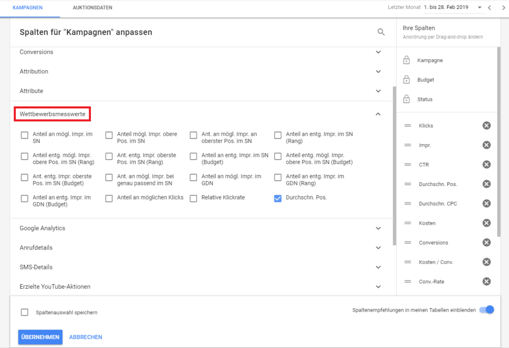 Screenshot zeigt den Punkt Wettbewerbsmesswerte in der Kampagnenübersicht
