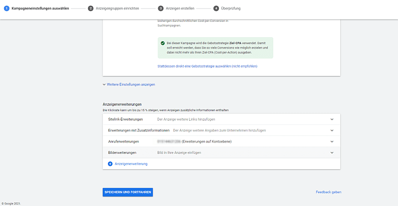 Google Ads Bilderweiterung im Konto auswählen