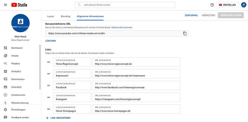 Impressum auf YouTube per Link einfügen. Quelle: YouTube