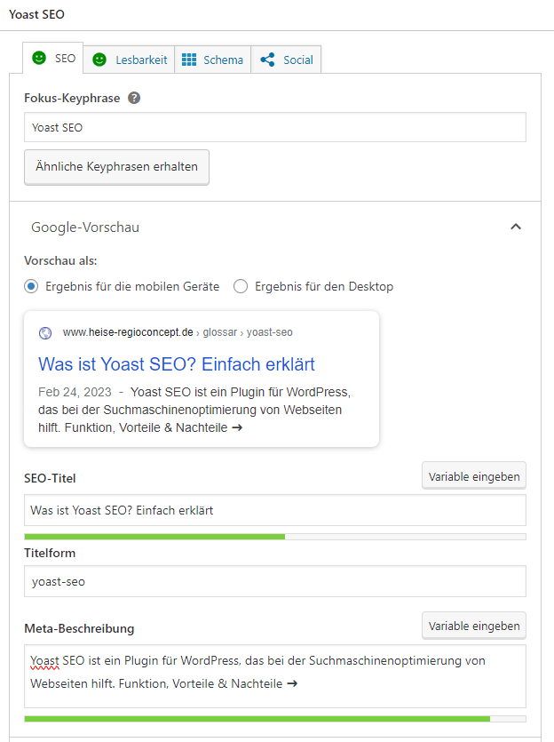 Yoast SEO Beispiel, Screenshot: heise regioconcept