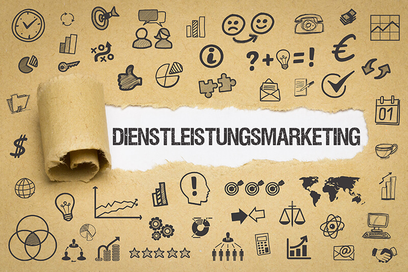 Dienstleistungsmarketing Papier mit Symbolen