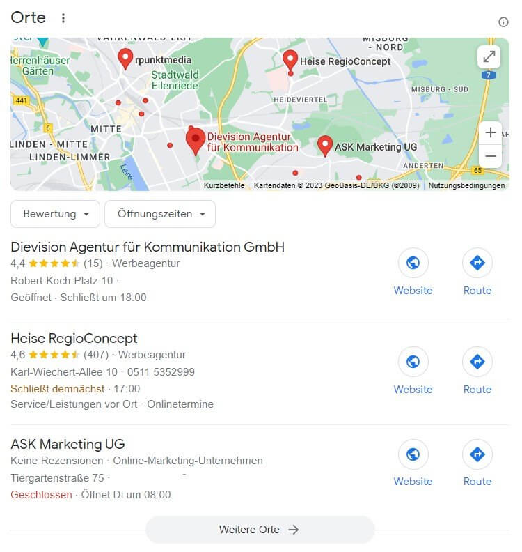 Google Local Pack Beispiel, Quelle: Google, Screenshot: heise regioconcept
