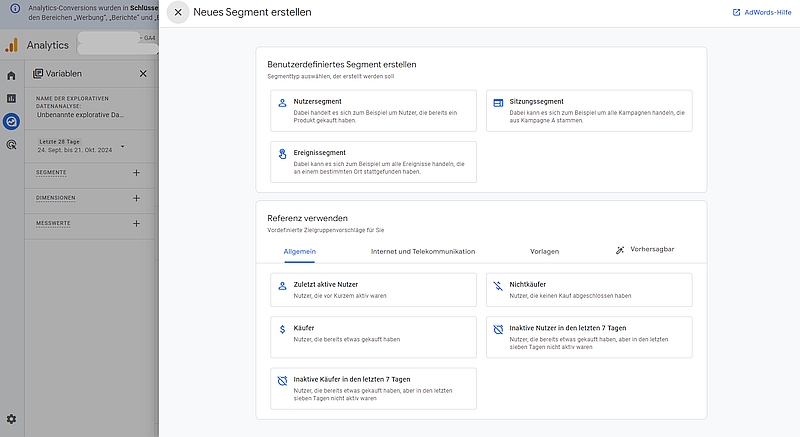 Neues Segment in Google Analytics erstellen, Quelle: GA4, Screenshot: heise regioconcept