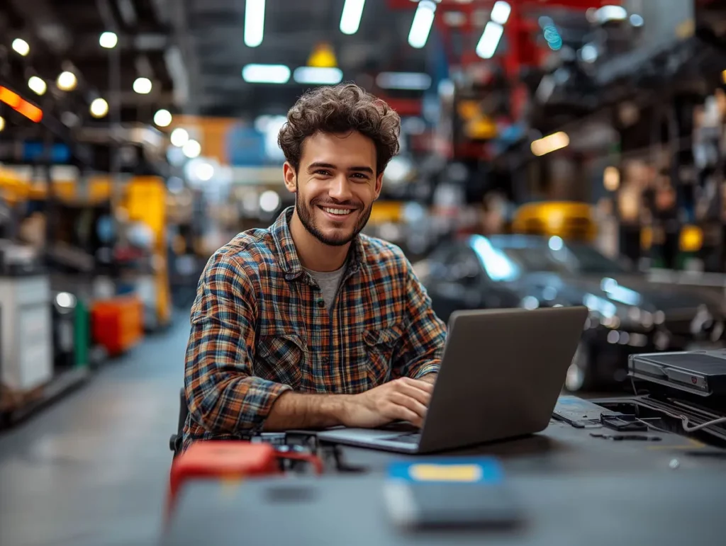 Ein freundlicher Mann arbeitet an seinem Laptop in einer Autowerkstatt