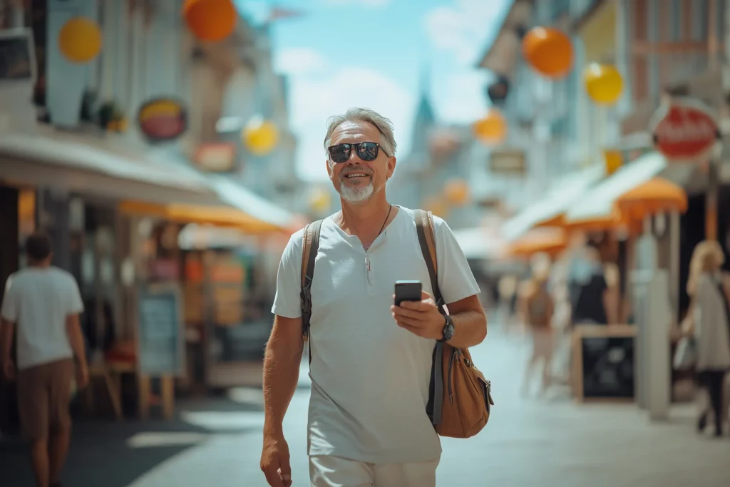Ein gut gelaunter Mann mit Sonnenbrille und Smartphone in der Hand läuft durch eine Fußgängerzone