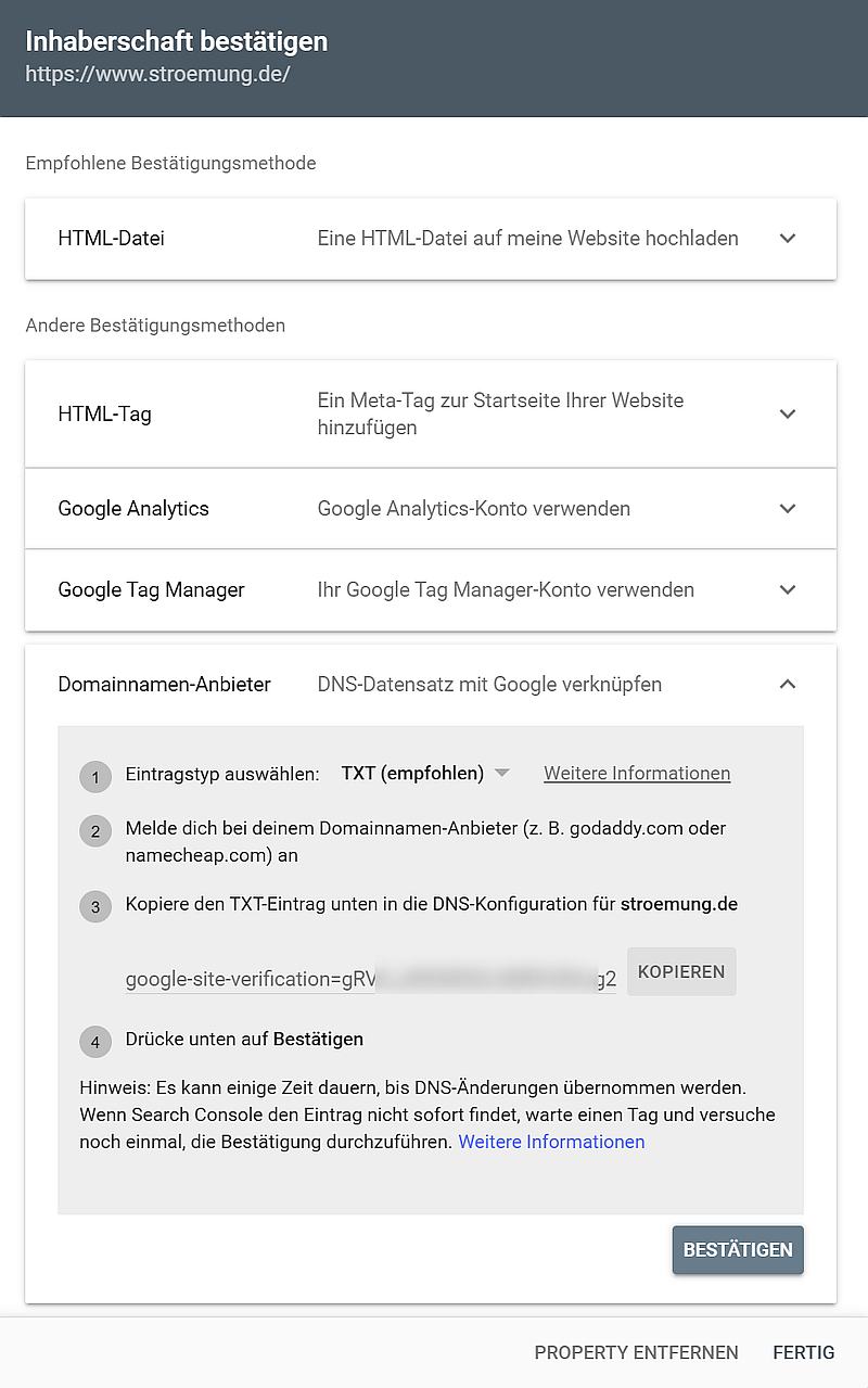 Google Search Console einrichten mit Bestätigung über DNS-Eintrag