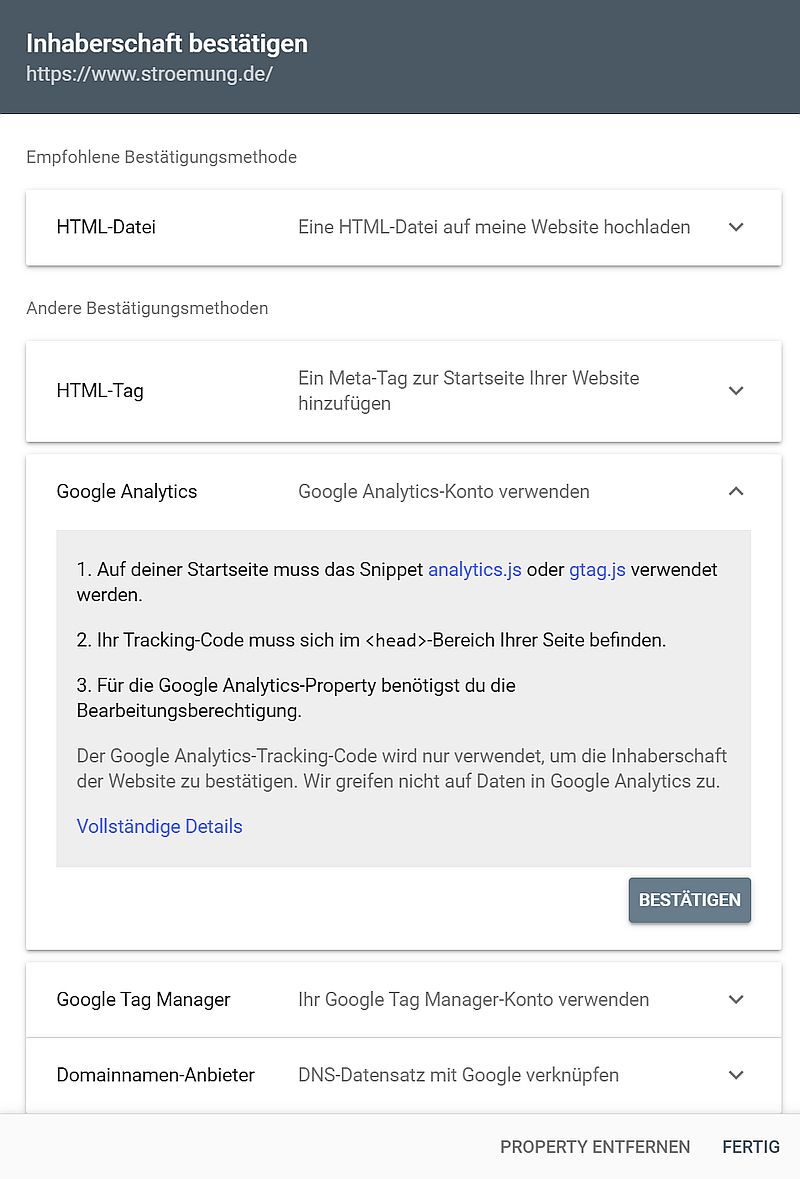 Google Search Console einrichten mit Bestätigung über Google Analytics