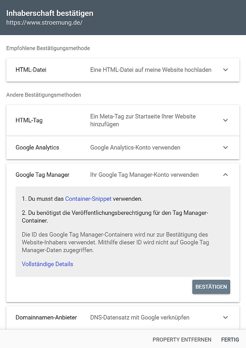 Google Search Console einrichten mit Bestätigung über den Google Tag Manager