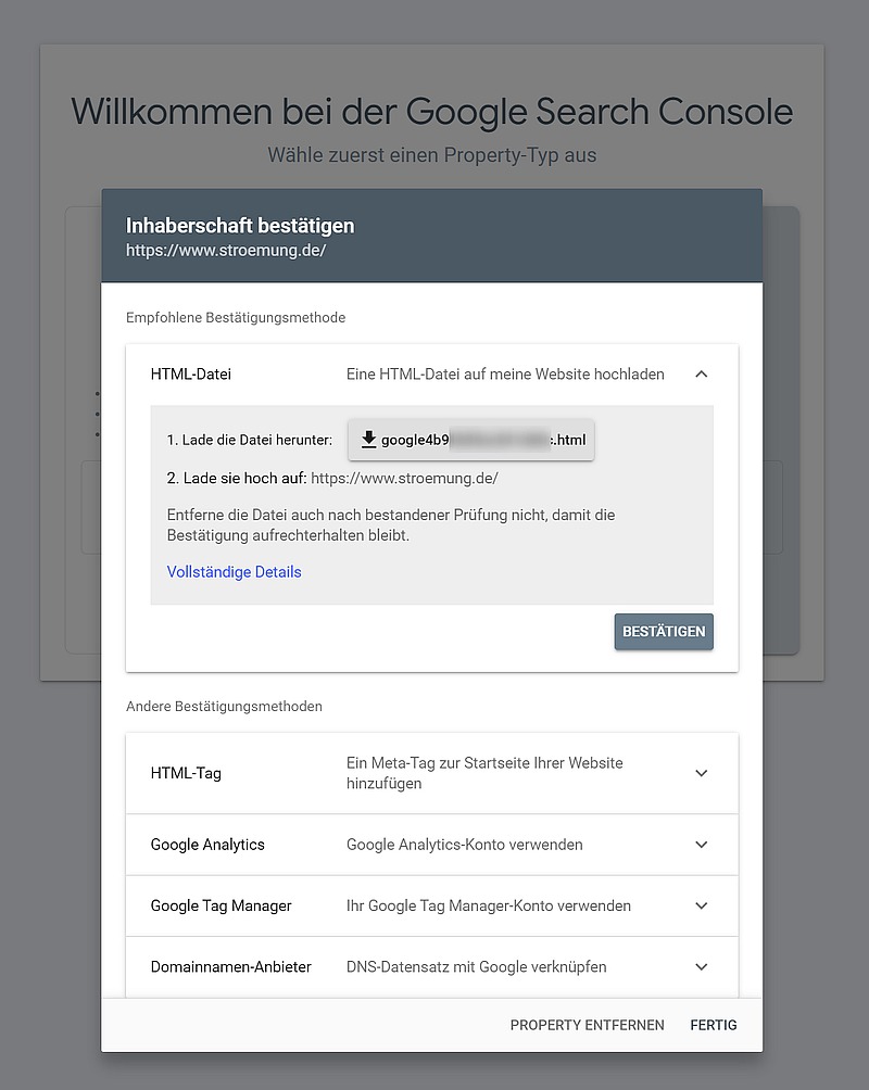 Google Search Console einrichten mit HTML-Datei-Upload