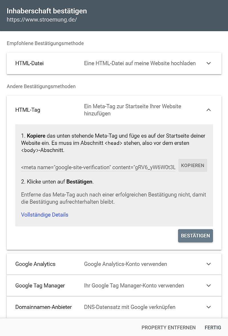 Google Search Console einrichten mit HTML-Tag