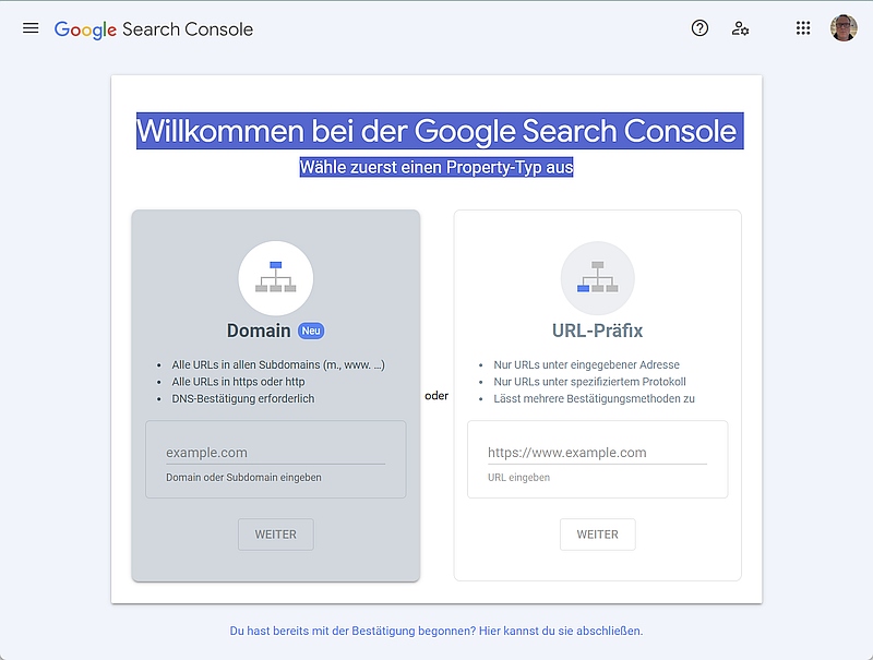 Einrichten der Property für die Google Search Console