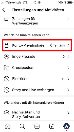 Konto-Einstellungen in Instagram-App
