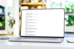 Laptop mit geöffneter Google-Suche, die Instagram-Beiträge von heise regioconcept zeigt.
