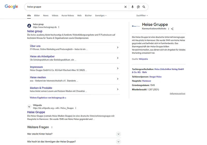 Google Knowledge Panel für die Heise Gruppe