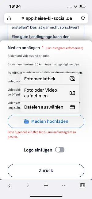 Upload mehrere Bilder für einen Beitrag oder eines Videos.