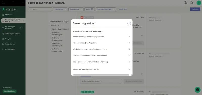 Trustpilot-Bewertung melden über den Business-Account